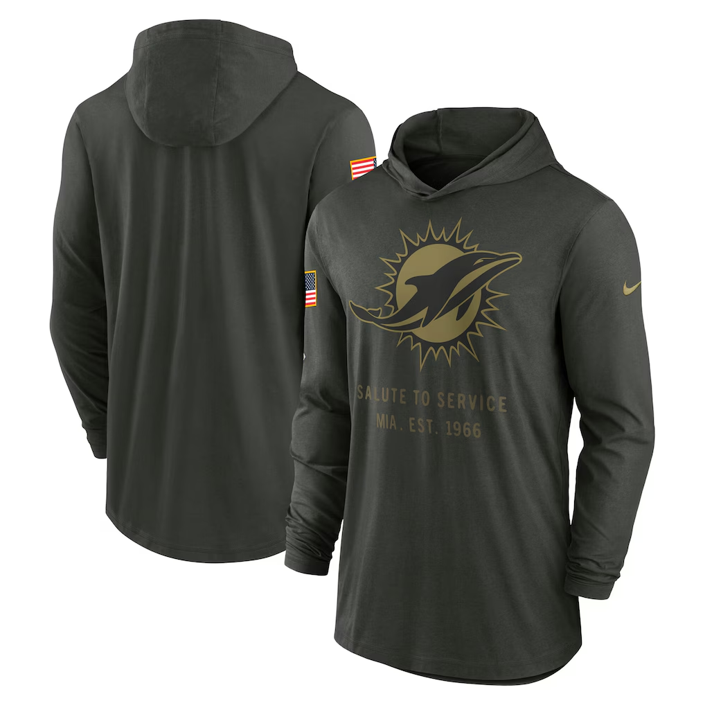 Men's Miami Dolphins Nike Forest Green 2025 Salute to Service Sideline Dri-FIT Lightweight Hooded Pullover