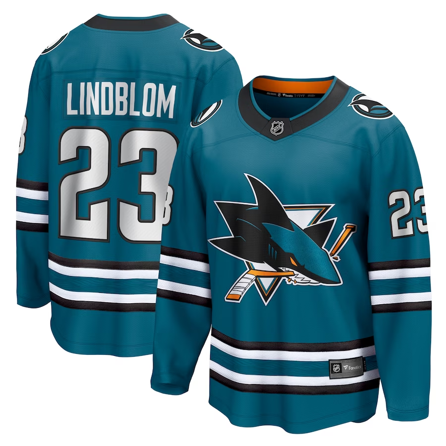 Men's San Jose Sharks Oskar Lindblom #23 Teal Home Breakaway Jersey1
