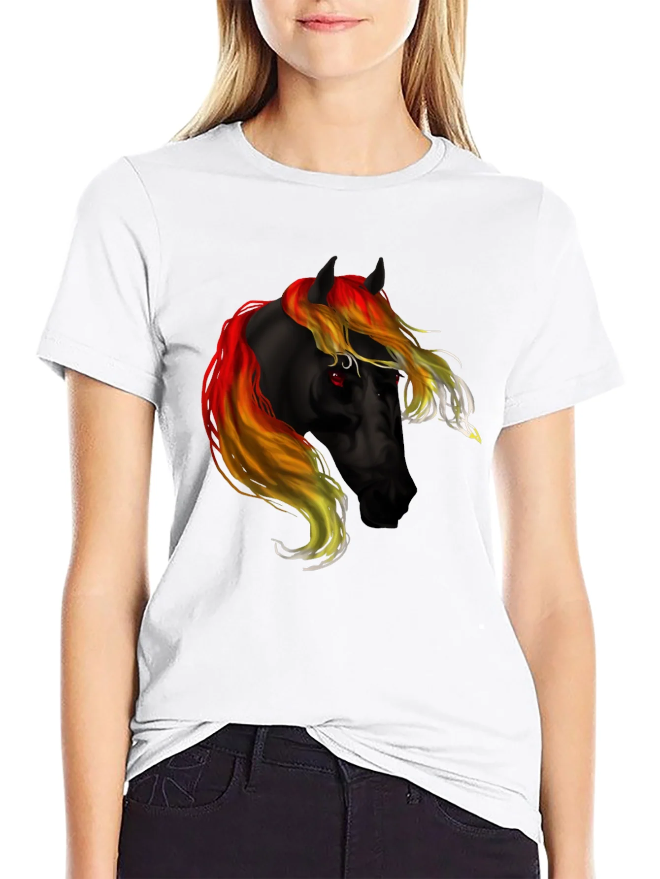 Black T-Shirt with Fiery Horse Graphic
