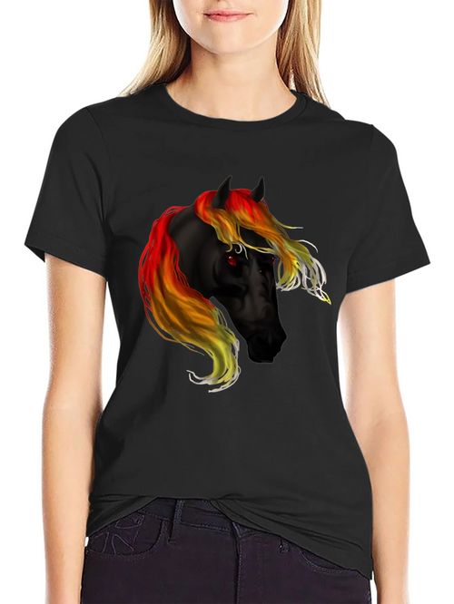Black T-Shirt with Fiery Horse Graphic