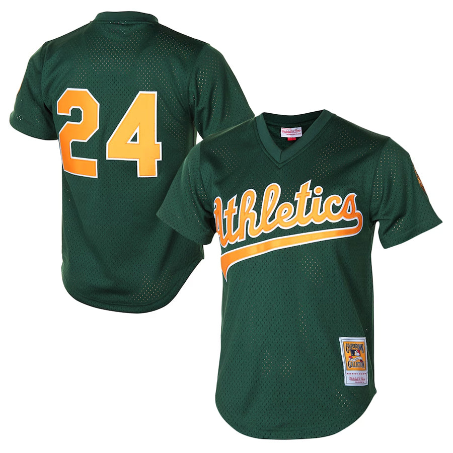 Athletics #24 Rickey Henderson Player  Green 1998 Cooperstown Mesh Batting Practice Jerseys