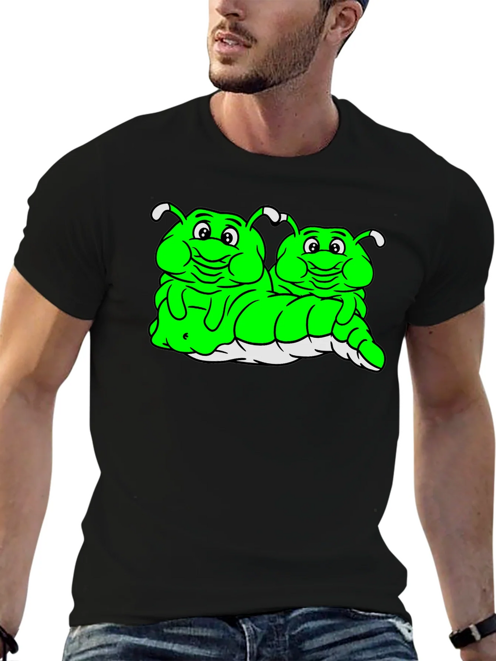Cartoon Caterpillar Black T-Shirt