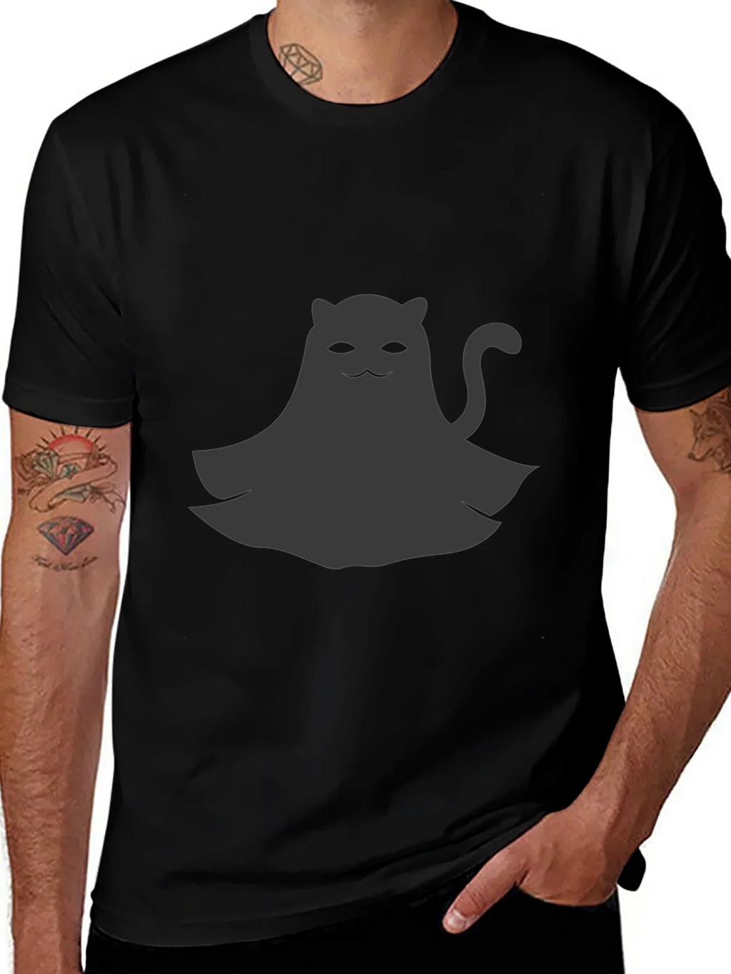 Cute Ghost Cat Graphic Tee - Black