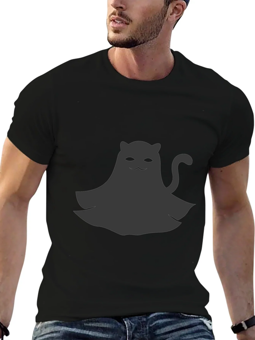 Cute Ghost Cat Graphic Tee - Black