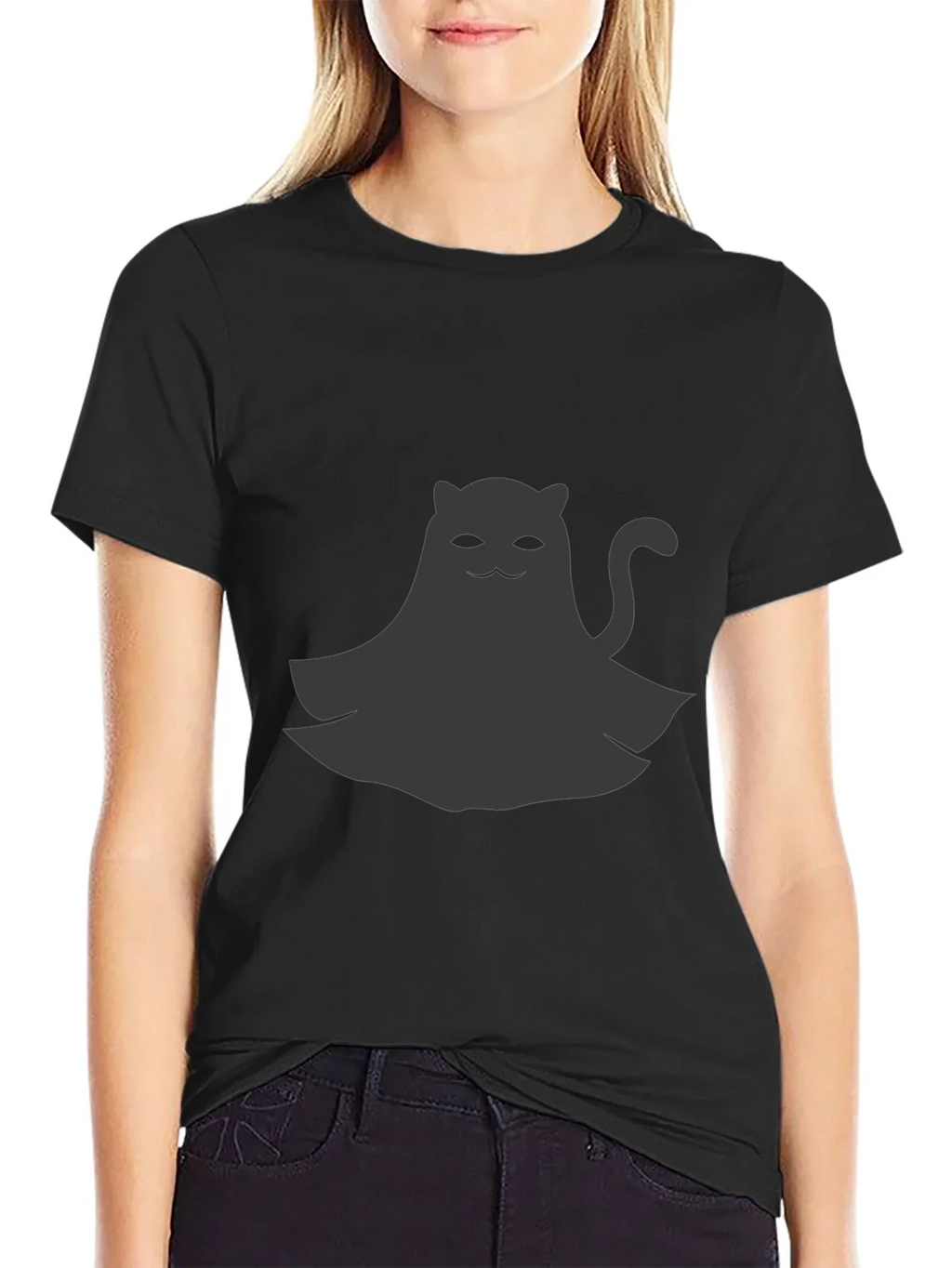 Cute Ghost Cat Graphic Tee - Black
