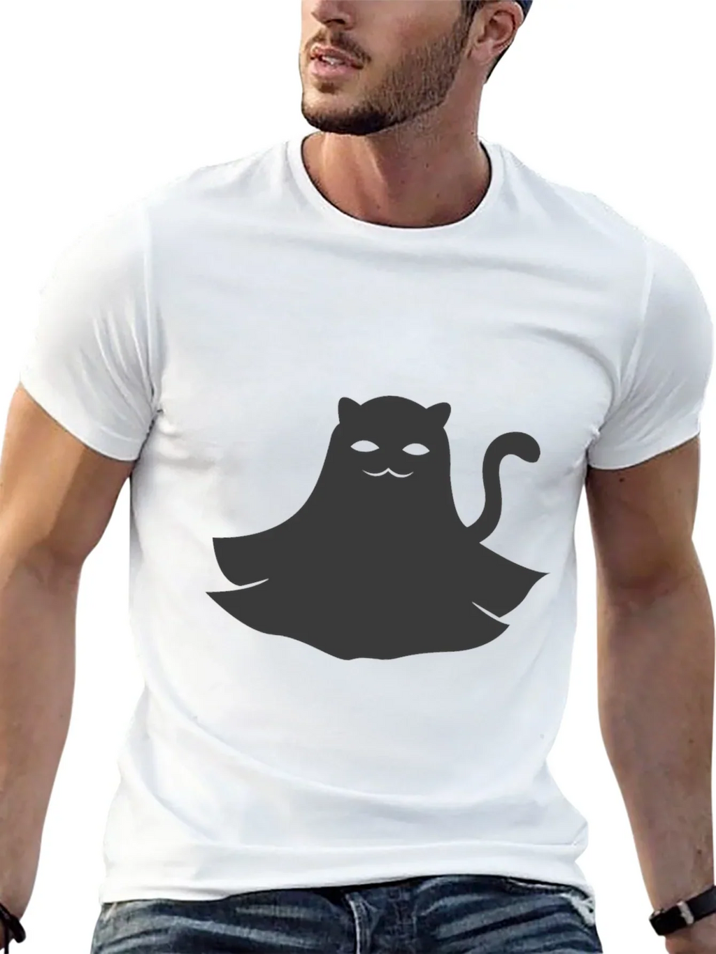 Cute Ghost Cat Graphic Tee - Black