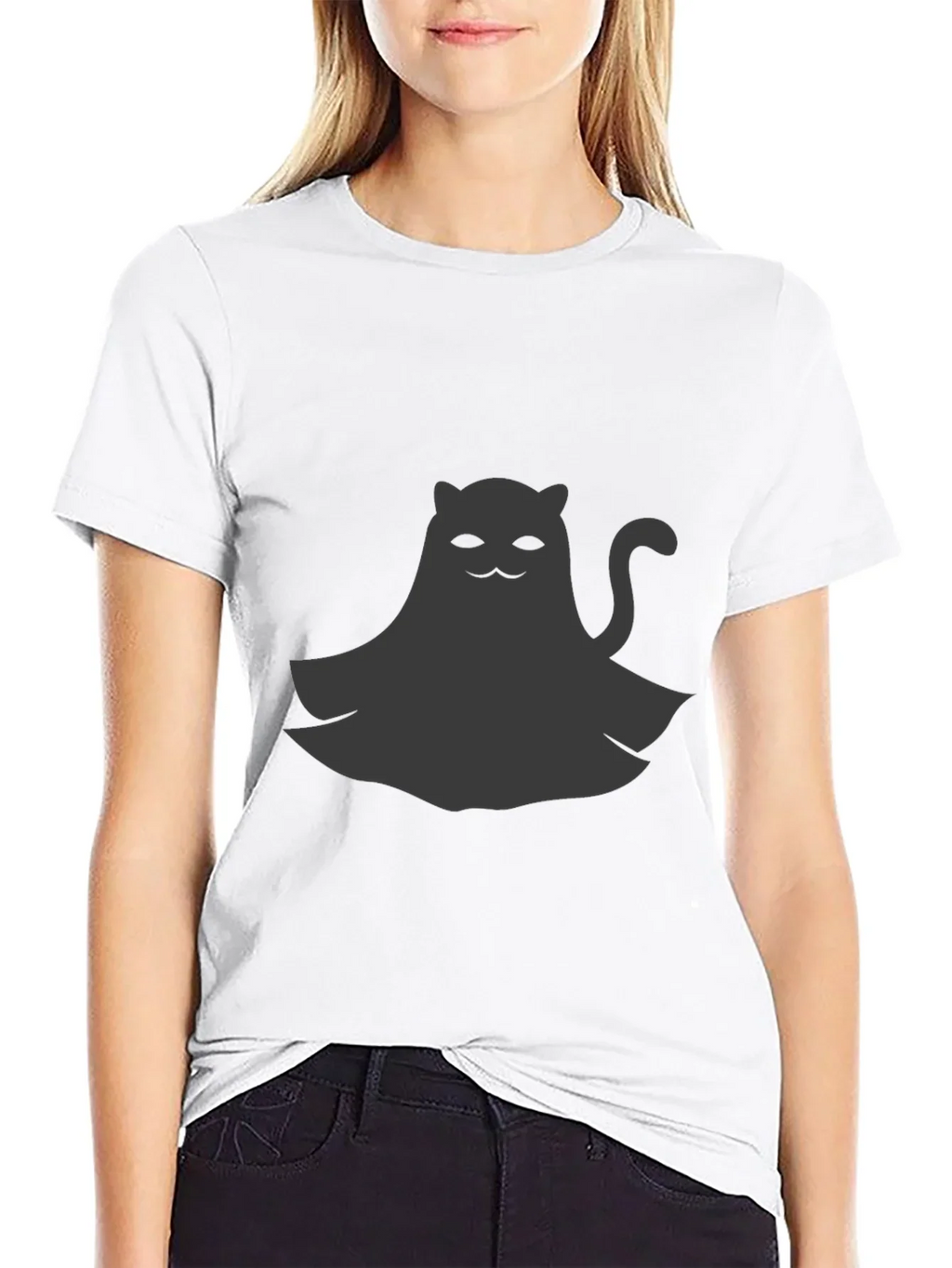 Cute Ghost Cat Graphic Tee - Black