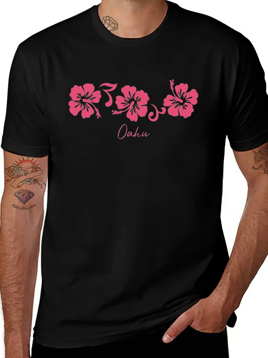 Oahu Pink Hibiscus Flower Graphic Black T-Shirt