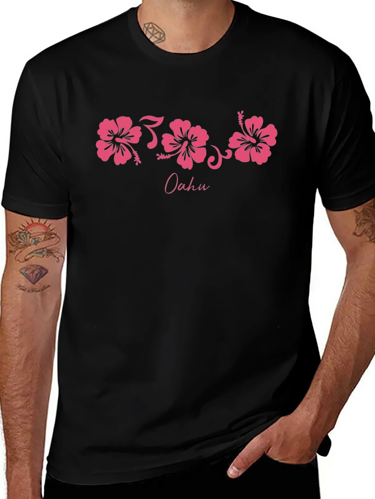 Oahu Pink Hibiscus Flower Graphic Black T-Shirt