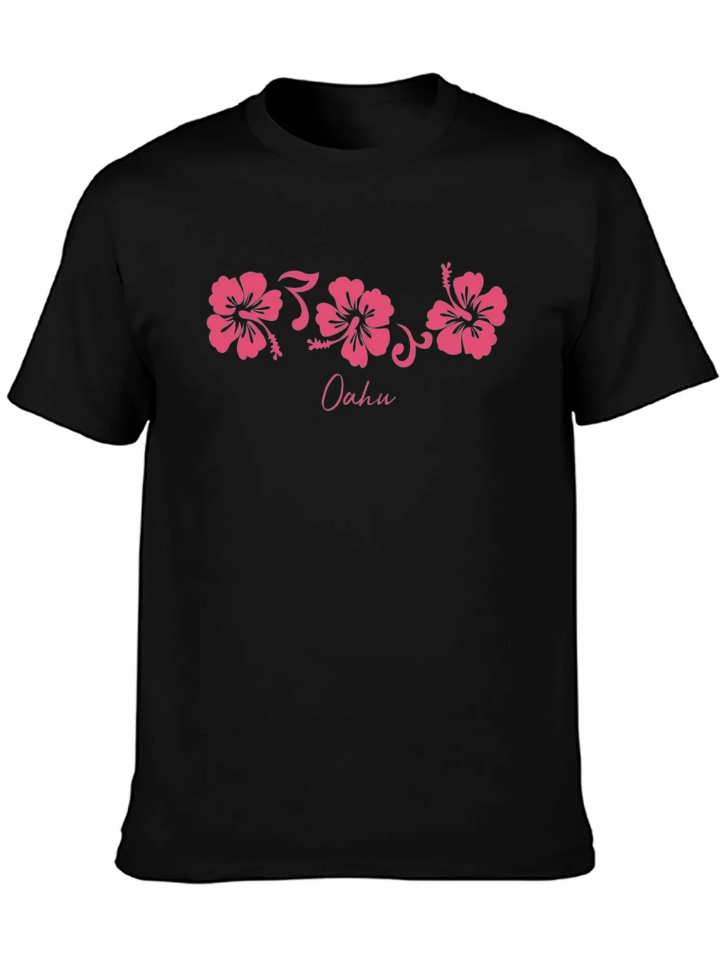 Oahu Pink Hibiscus Flower Graphic Black T-Shirt