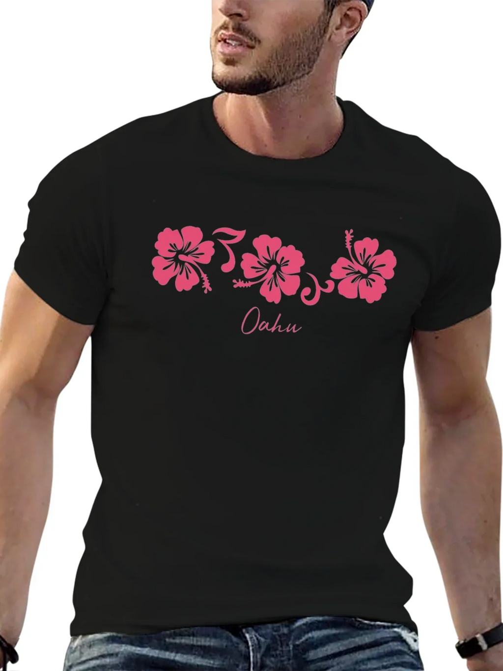 Oahu Pink Hibiscus Flower Graphic Black T-Shirt