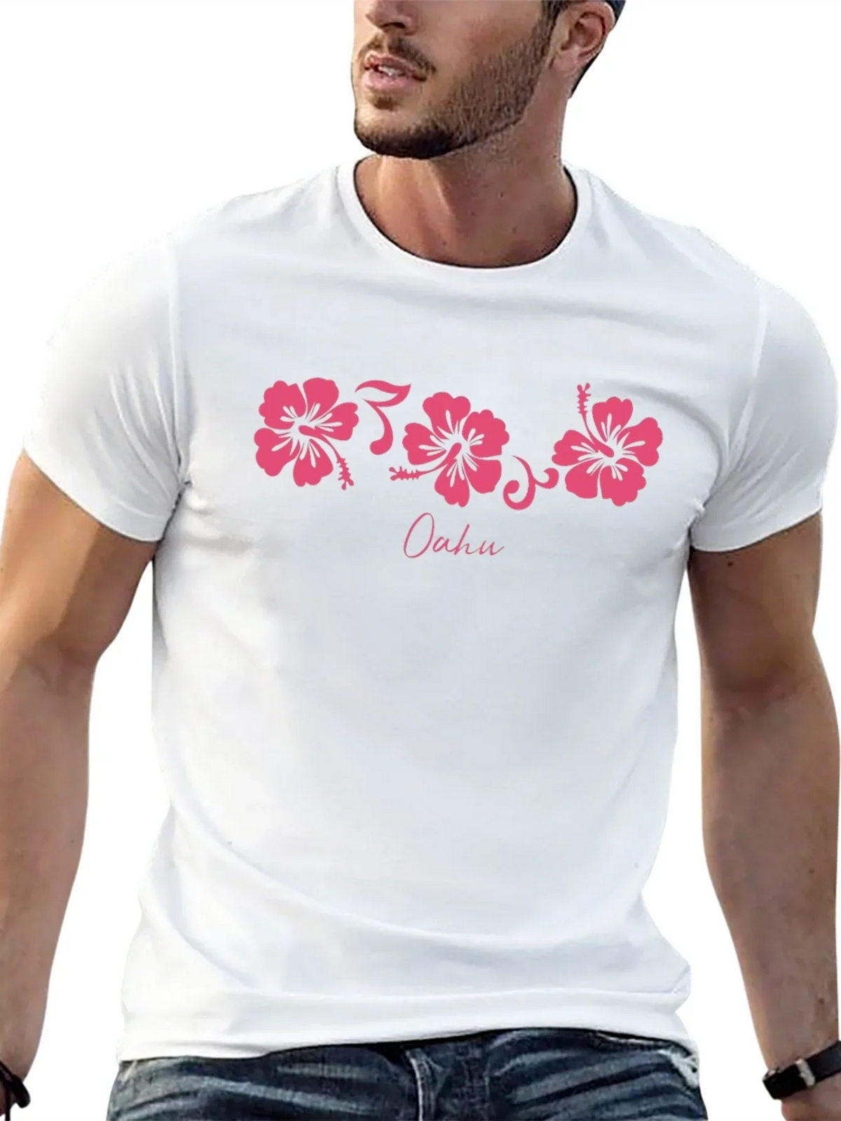 Oahu Pink Hibiscus Flower Graphic Black T-Shirt