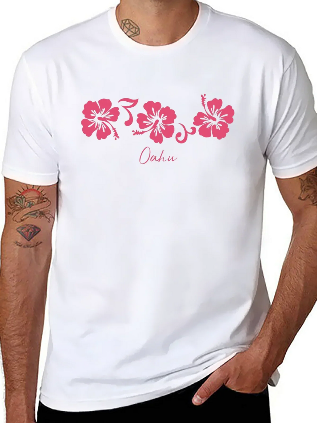 Oahu Pink Hibiscus Flower Graphic Black T-Shirt