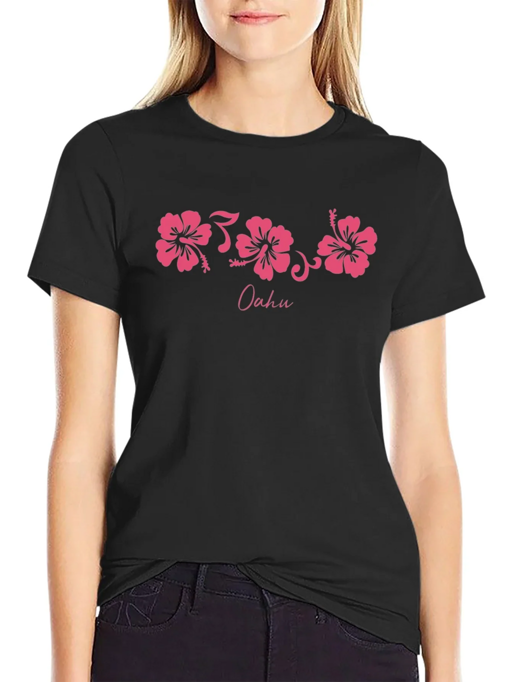 Oahu Pink Hibiscus Flower Graphic Black T-Shirt
