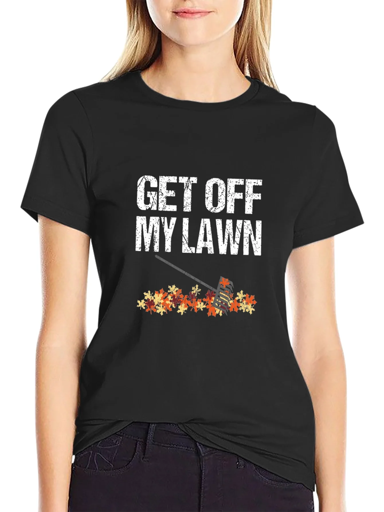 Get Off My Lawn T-Shirt - Fall Leaves & Rake Graphic Tee