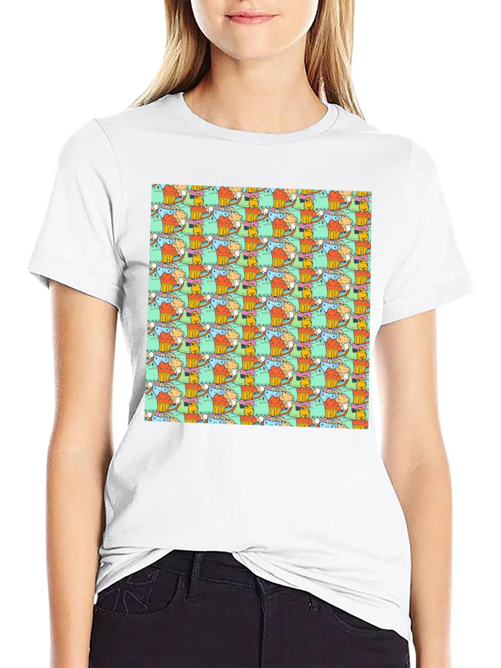 Fun Cartoon Character Pattern Black T-Shirt