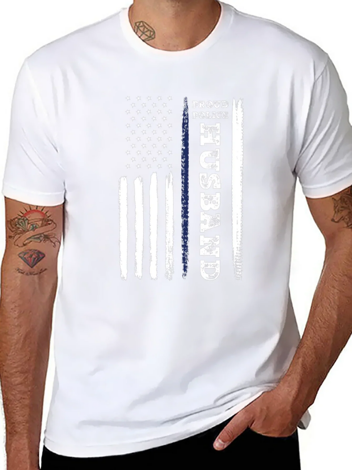 Proud Police Husband American Flag Graphic T-Shirt