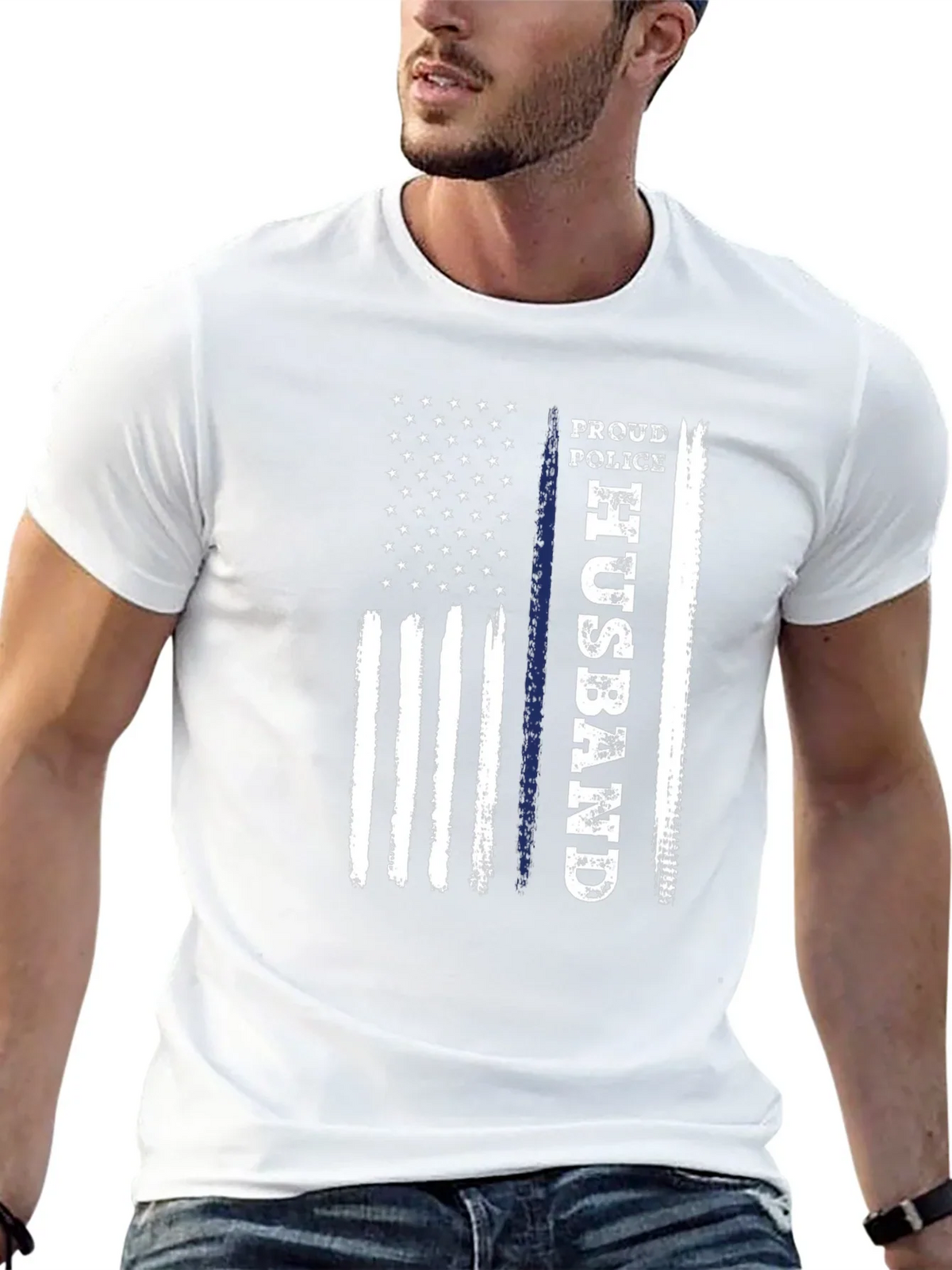 Proud Police Husband American Flag Graphic T-Shirt