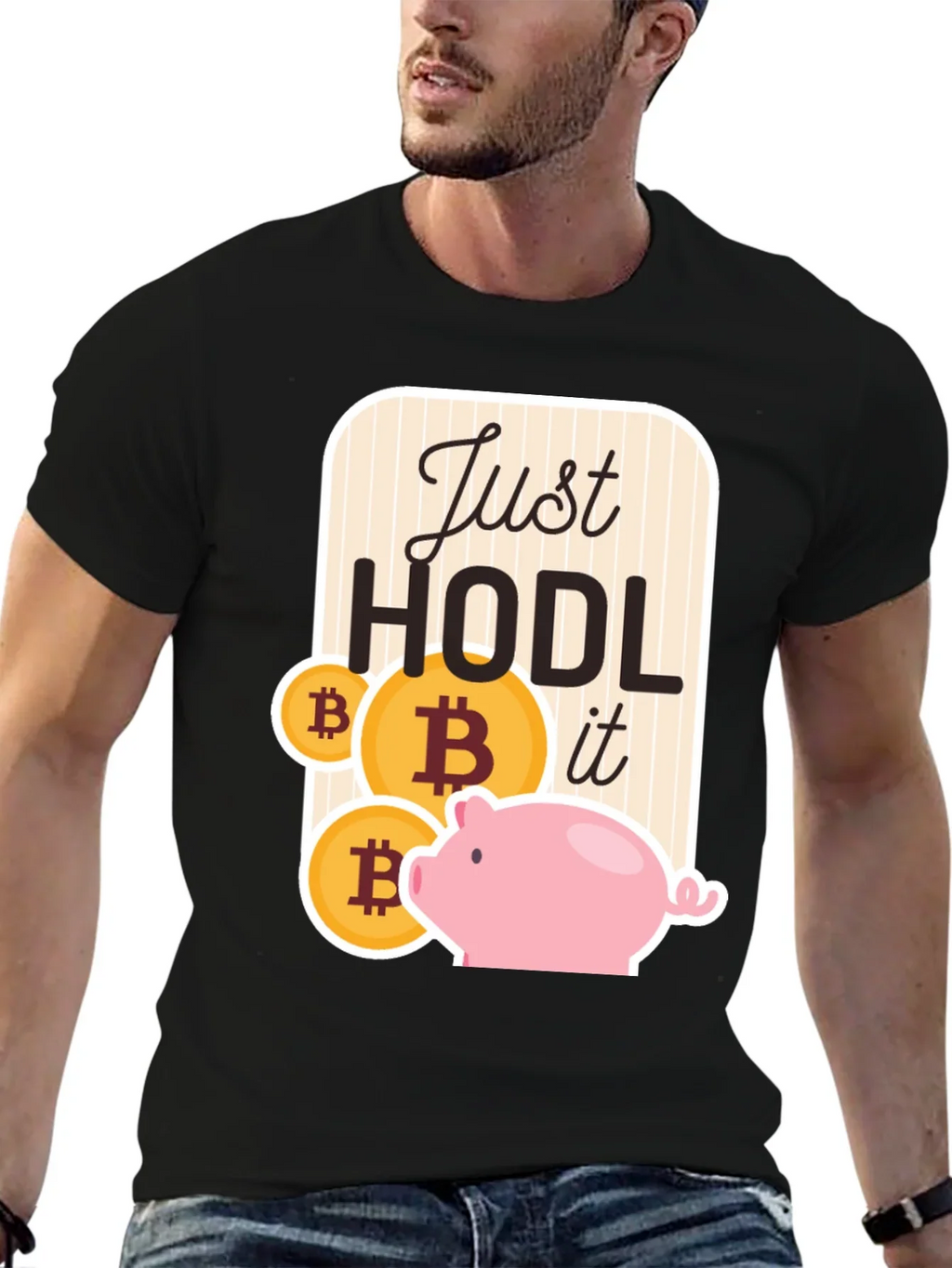 Just Hodl It Bitcoin Piggy Bank Black T-Shirt