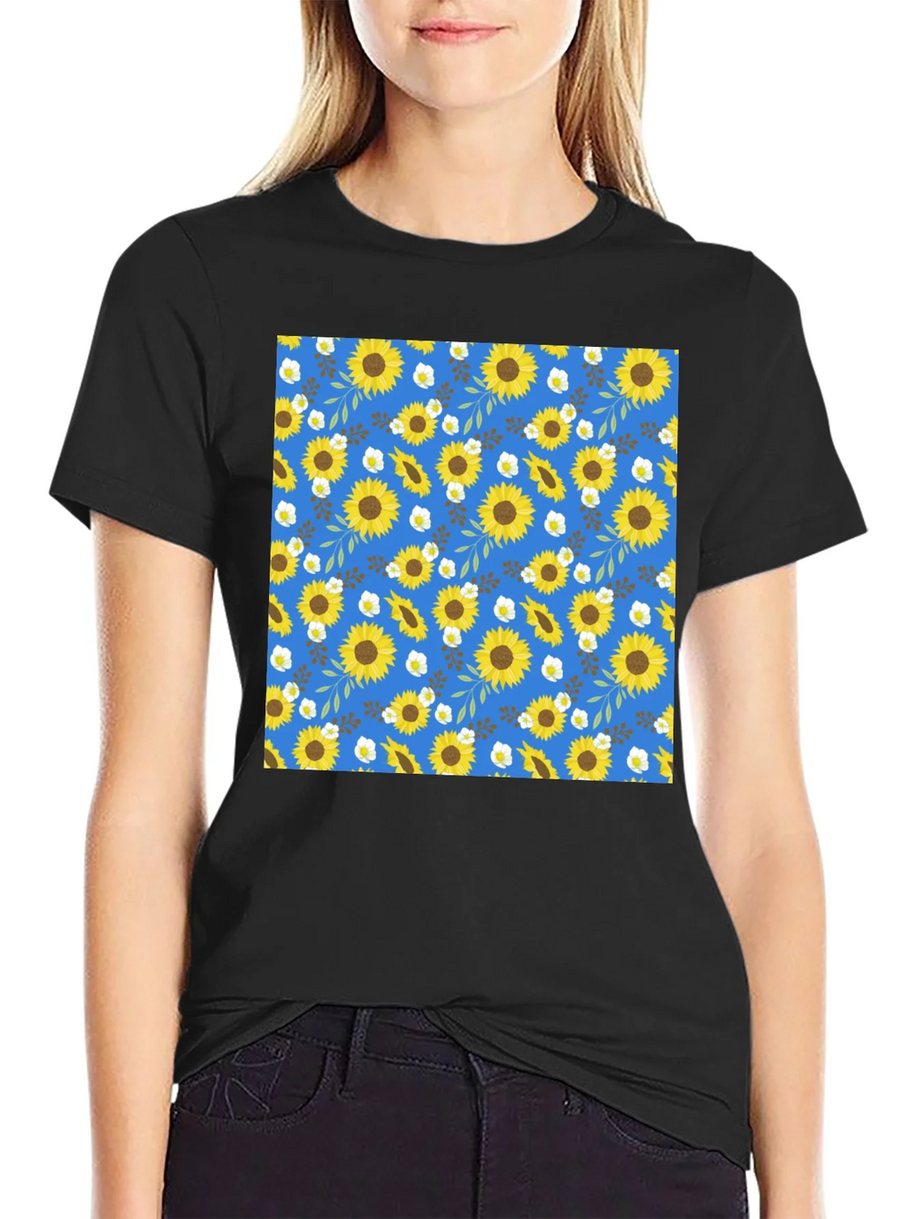 Sunflower Pattern Black T-Shirt