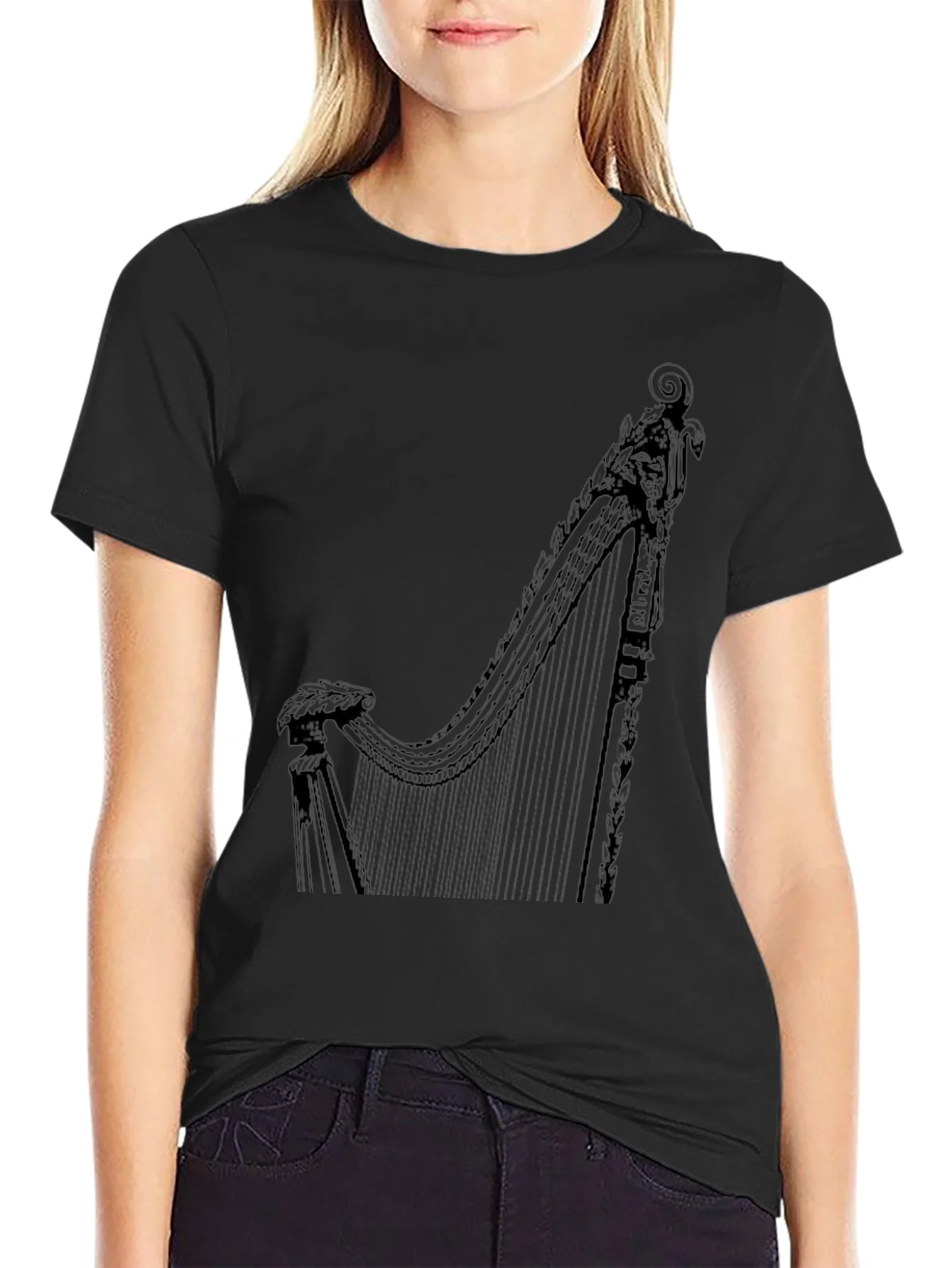 Elegant Harp Graphic Tee - Black Cotton T-Shirt
