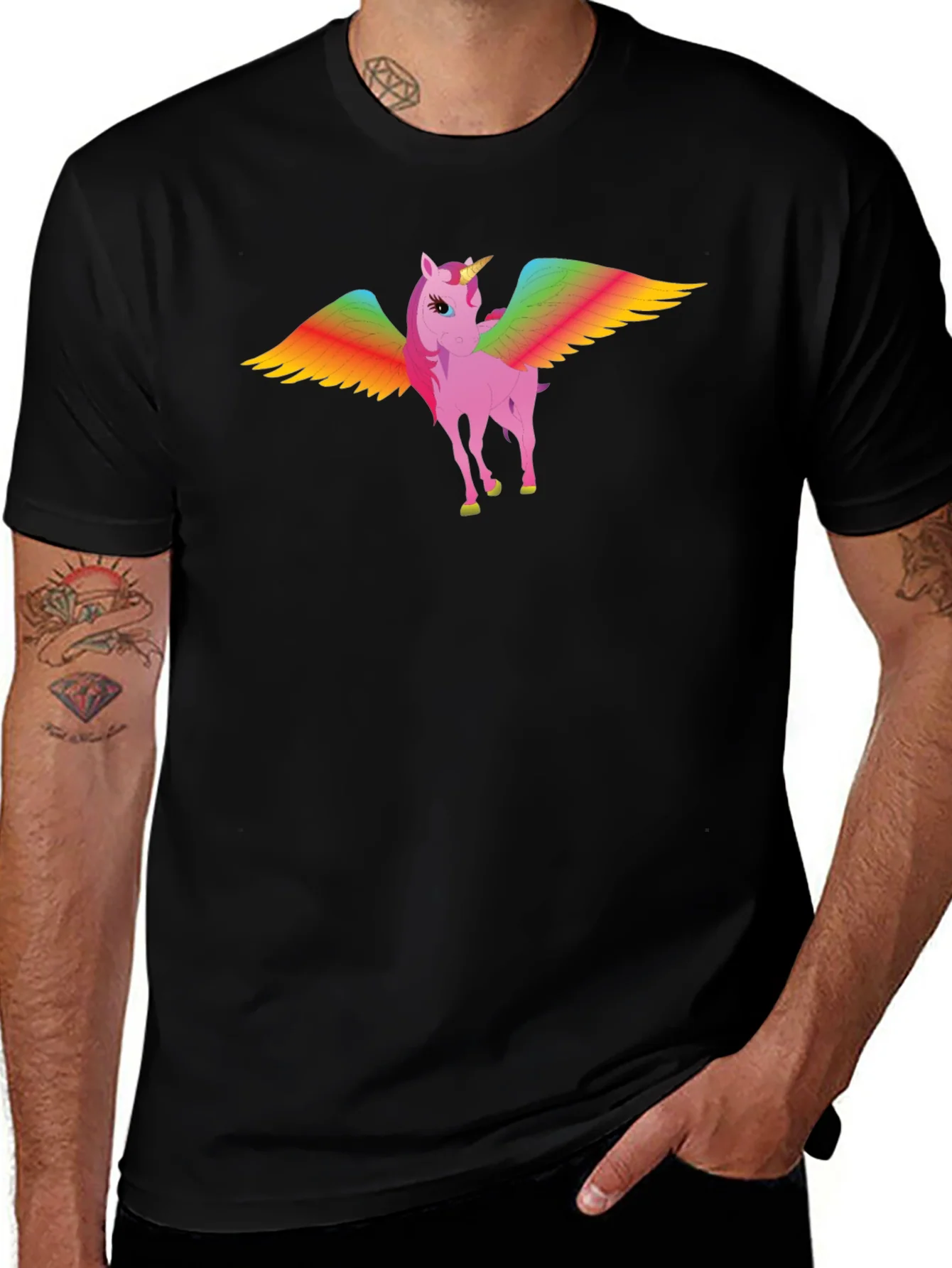 Rainbow Winged Unicorn Graphic Tee - Black Cotton T-Shirt