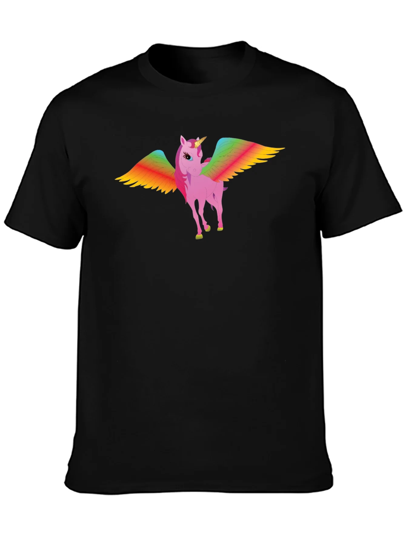Rainbow Winged Unicorn Graphic Tee - Black Cotton T-Shirt