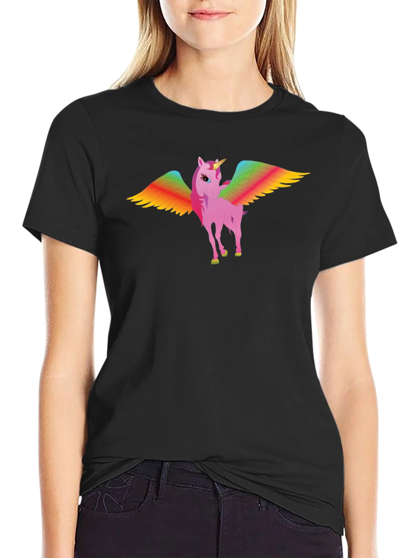 Rainbow Winged Unicorn Graphic Tee - Black Cotton T-Shirt