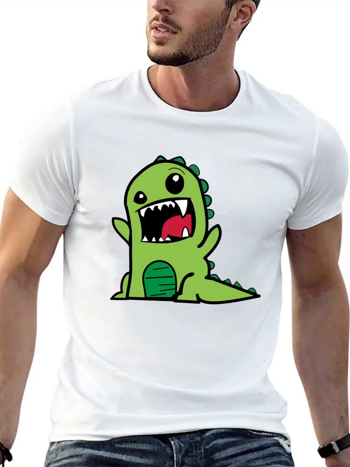 Cartoon Dino Graphic Tee - Black Cotton T-Shirt