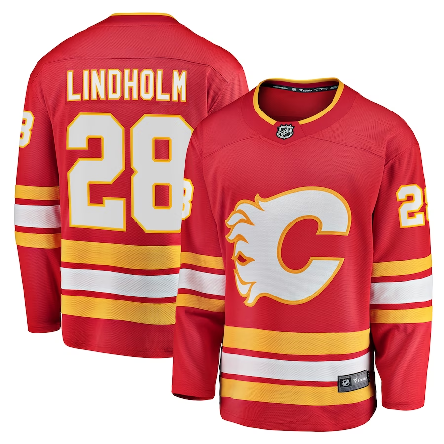 Men's Calgary Flames Elias Lindholm #28 Red Home Team Breakaway Player Jersey1