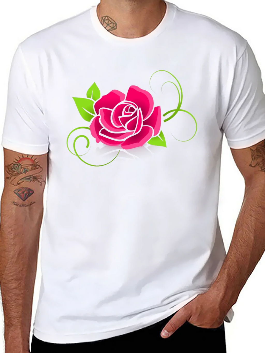 Black T-Shirt with Bold Pink Rose Design