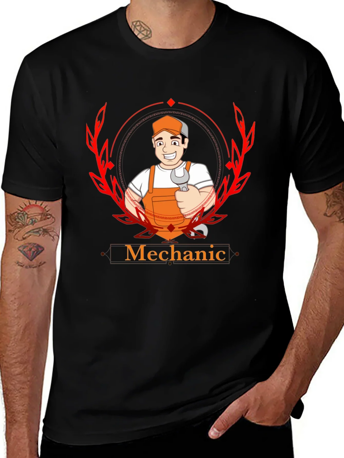 Mechanic Cartoon Graphic Black T-Shirt