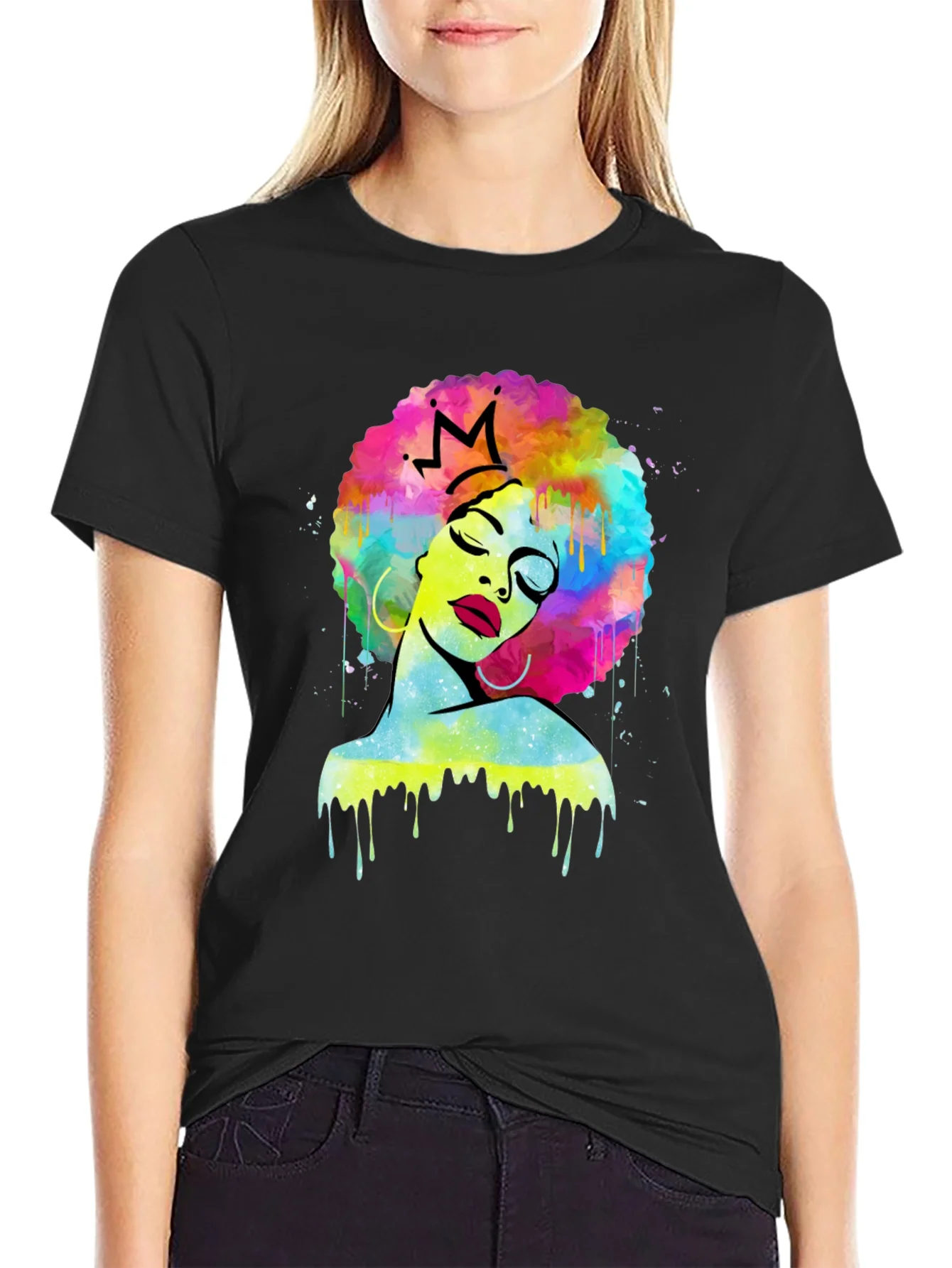 Afro Queen Black T-Shirt - Colorful Art Print