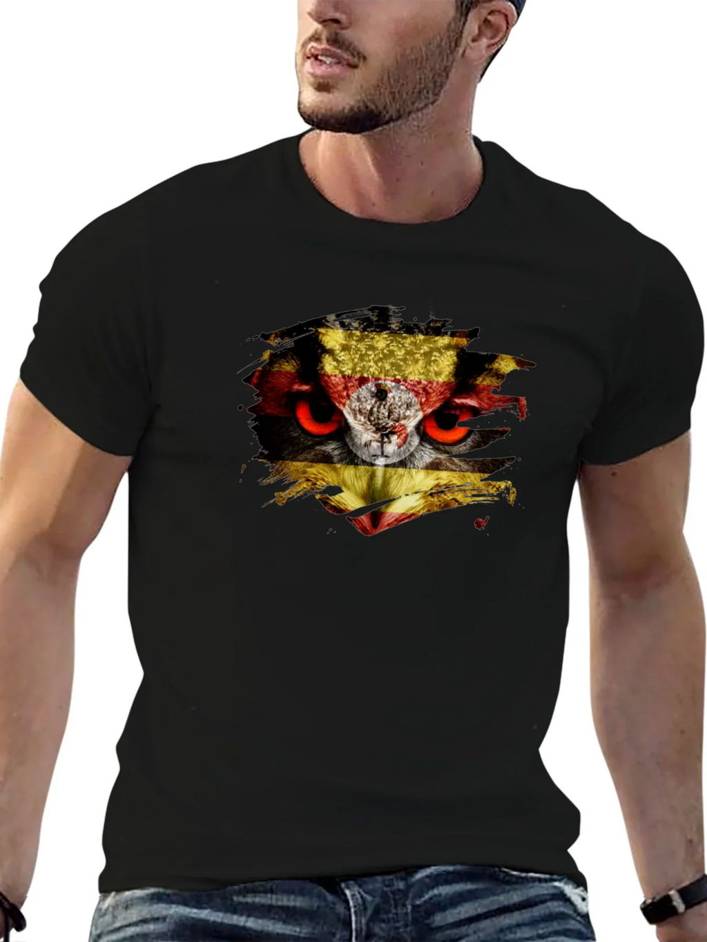 Owl Uganda Flag Graphic Black T-Shirt
