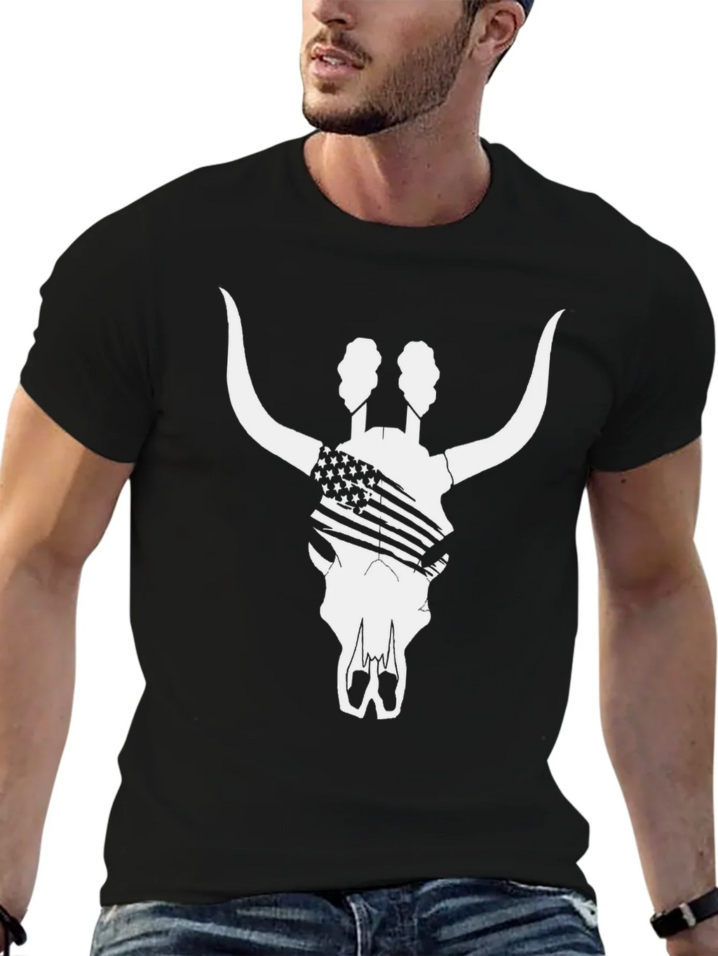 American Flag Bull Skull T-Shirt - Black