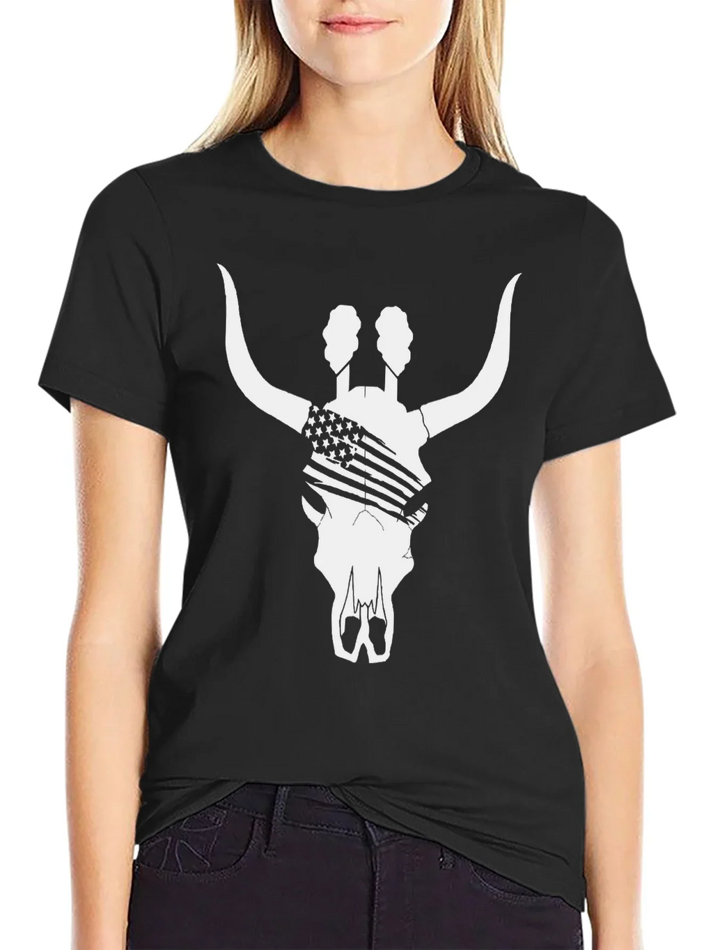 American Flag Bull Skull T-Shirt - Black