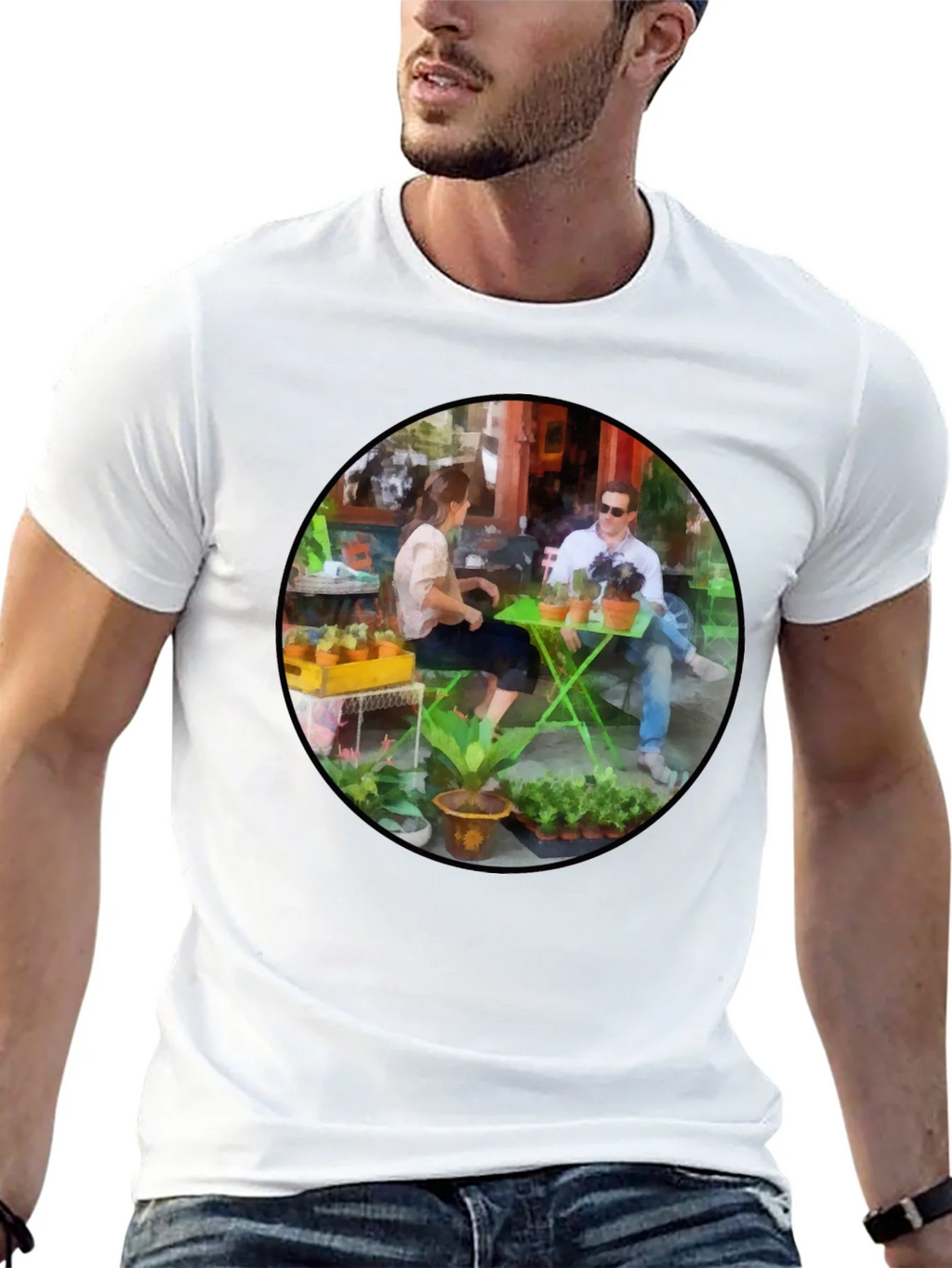 Artistic Cafe Scene Graphic Tee - Unique Design