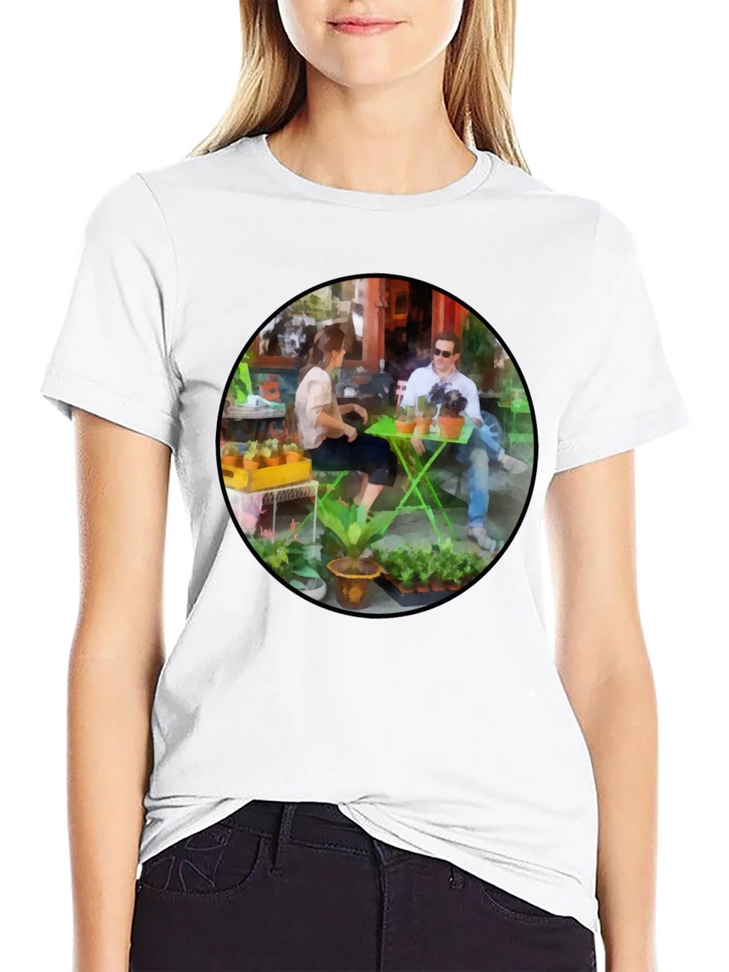 Artistic Cafe Scene Graphic Tee - Unique Design