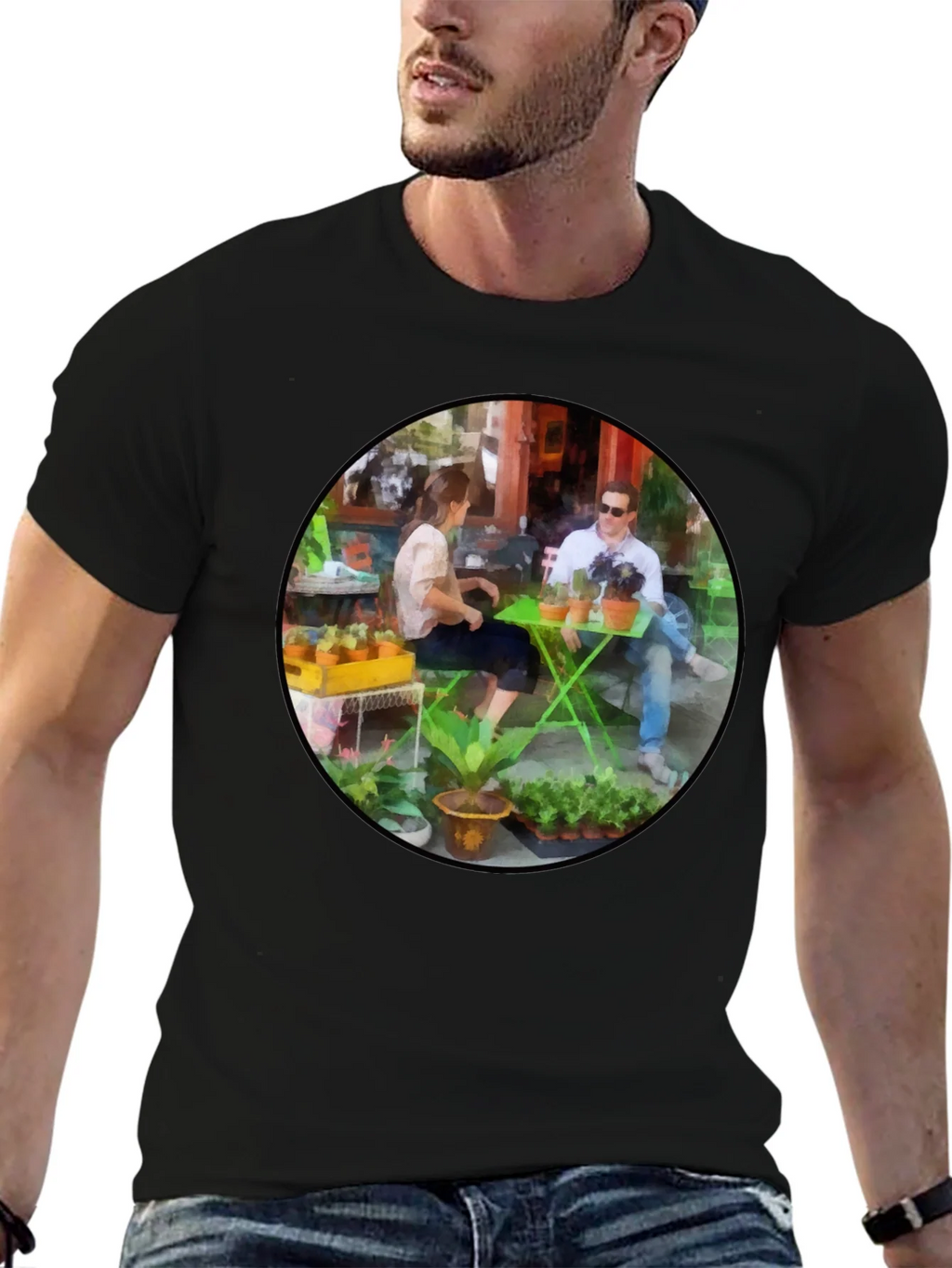 Artistic Cafe Scene Graphic Tee - Unique Design