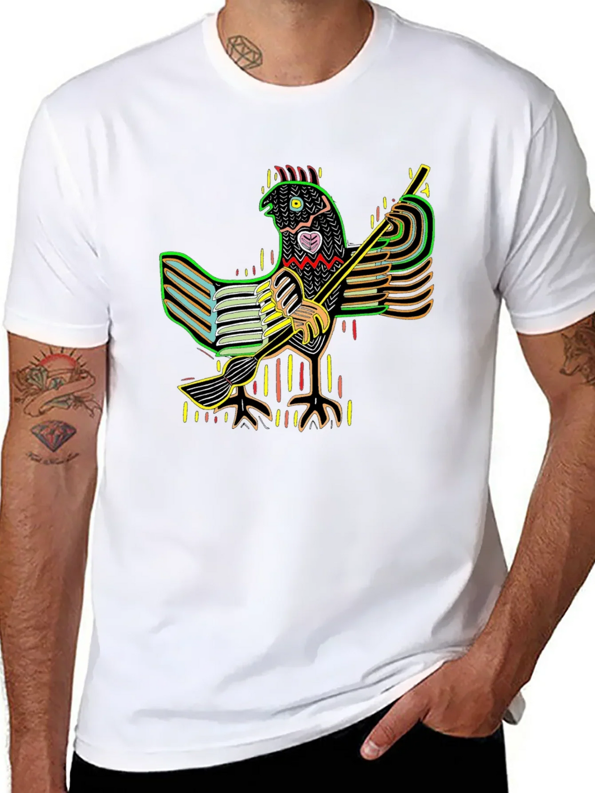 Vibrant Folk Art Chicken Graphic Tee - Black