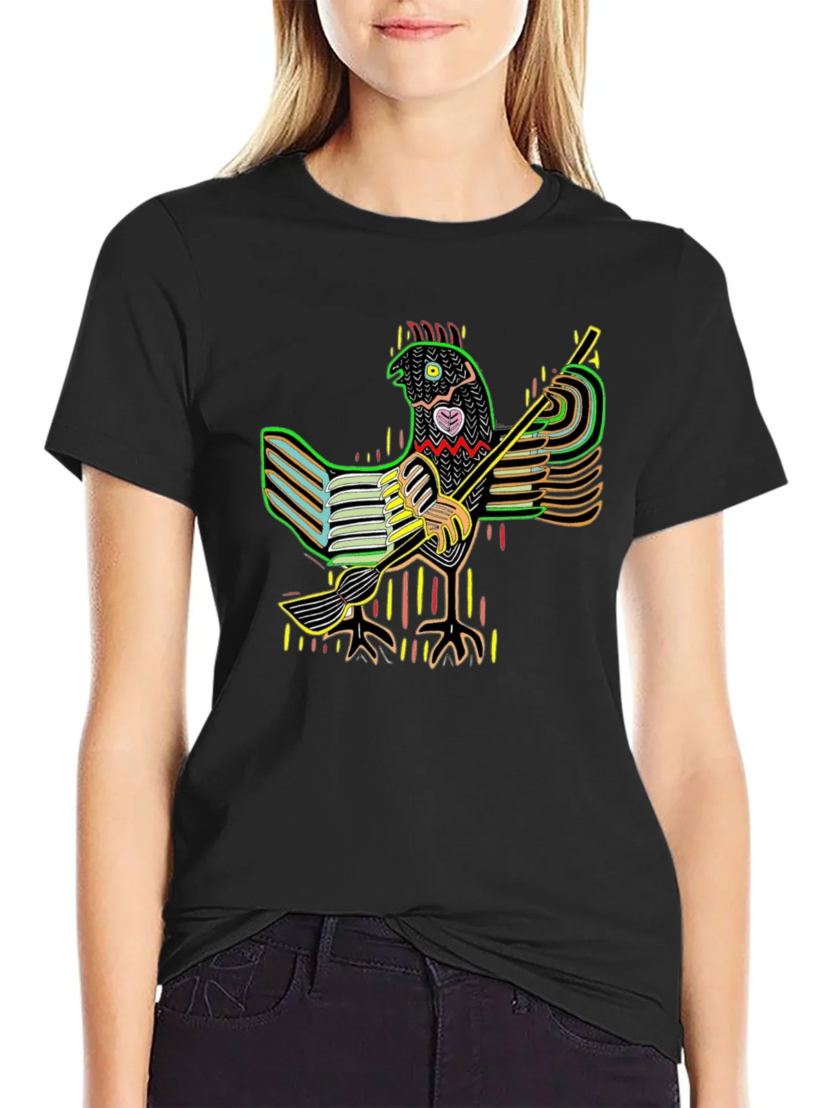 Vibrant Folk Art Chicken Graphic Tee - Black