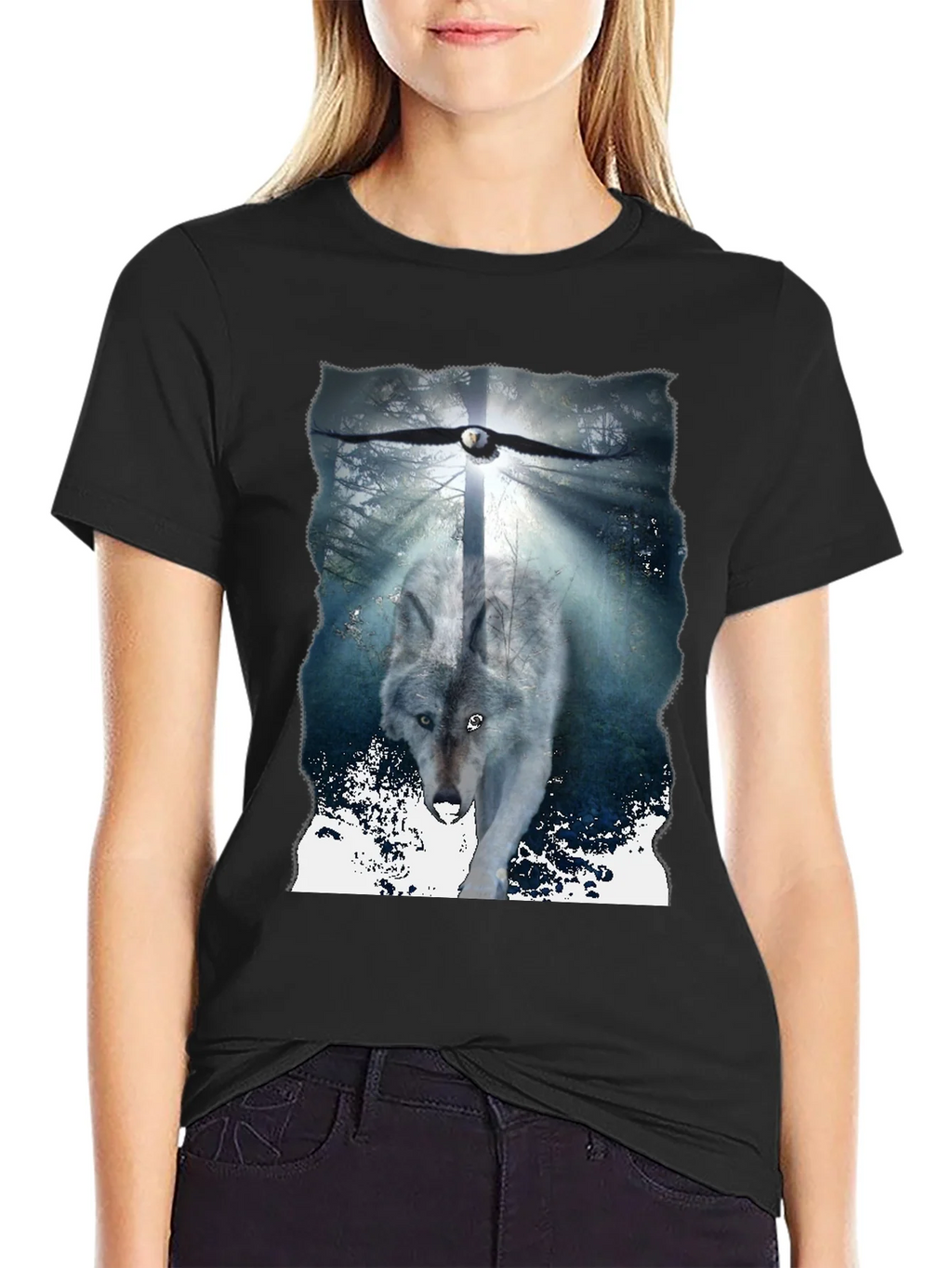 Wolf & Eagle Graphic Tee - Black Cotton Blend