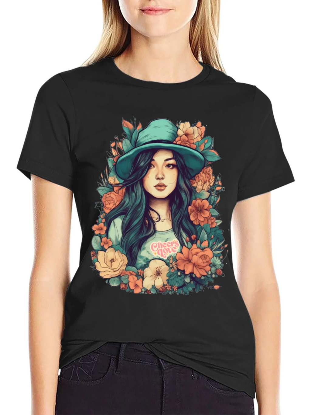 Floral Girl Graphic Print Black T-Shirt