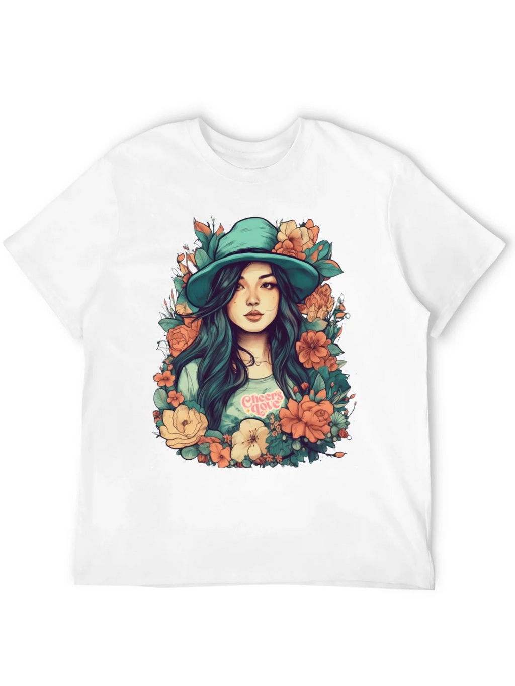 Floral Girl Graphic Print Black T-Shirt